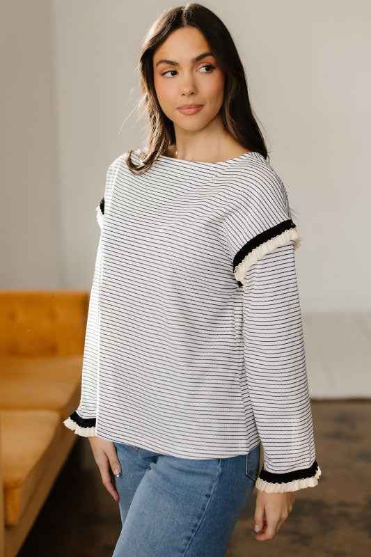 Stripe Contrast Ruffle Trim Long Sleeve Top b7ed3396-4116-4421-94e3-6a33ba110c4a