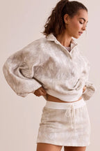 White Abstract Woodland Print Balloon Sleeve Pullover Drawstring Mini Skort Set b7f4884401fda31e