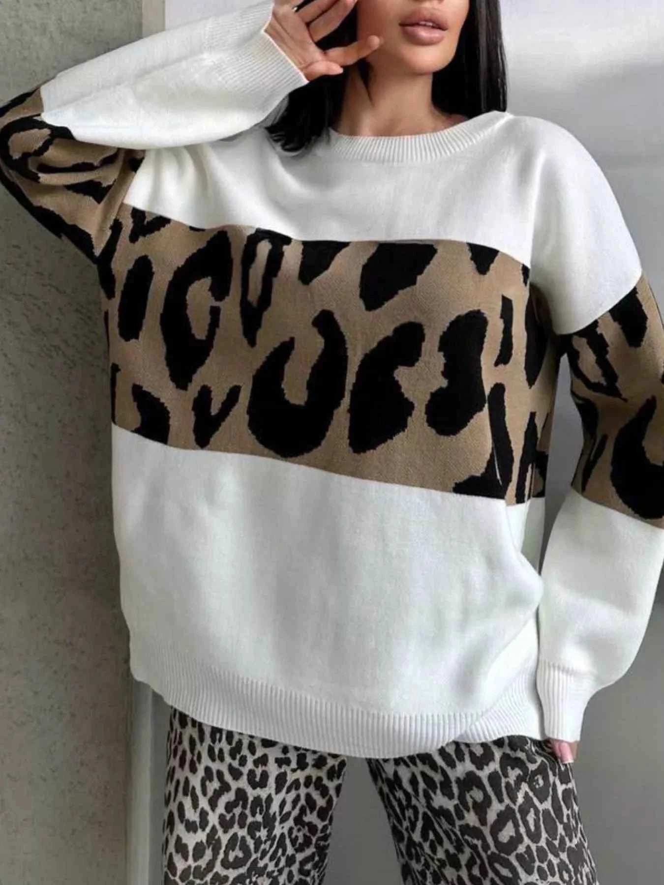 Leopard Color Block Round Neck Sweater b7f50c58-51fc-4c6f-a94c-91a5006c22ec-Max-Origin