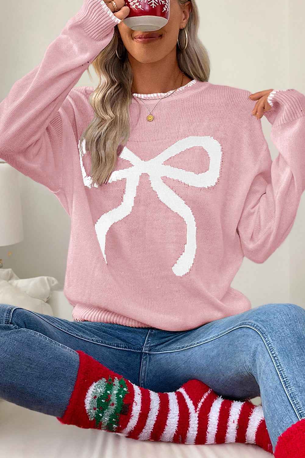 White Sweet Bow Long Sleeve Knit Sweater b7f671a60460406a