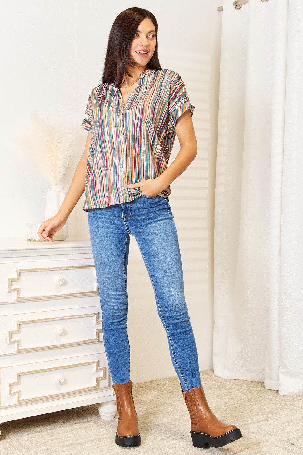 Shiny Multicolored Stripe Notched Neck Top b7fb0563a34e4bc58e190e50790b1b3f-Max