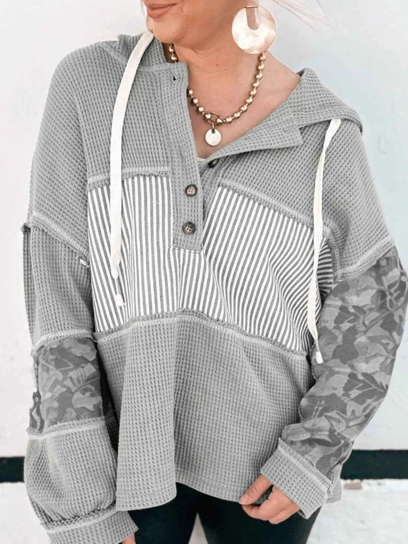 Waffle Knit Striped Drawstring Hoodie b7fbb513-ceca-4b63-bbb4-2b397b3c2d84-Max-Origin