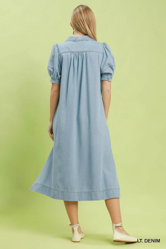 Chambray Collared Puff Sleeve Dress b7fc635b-ff51-4f00-8301-2dee6b36974d-Max-Origin