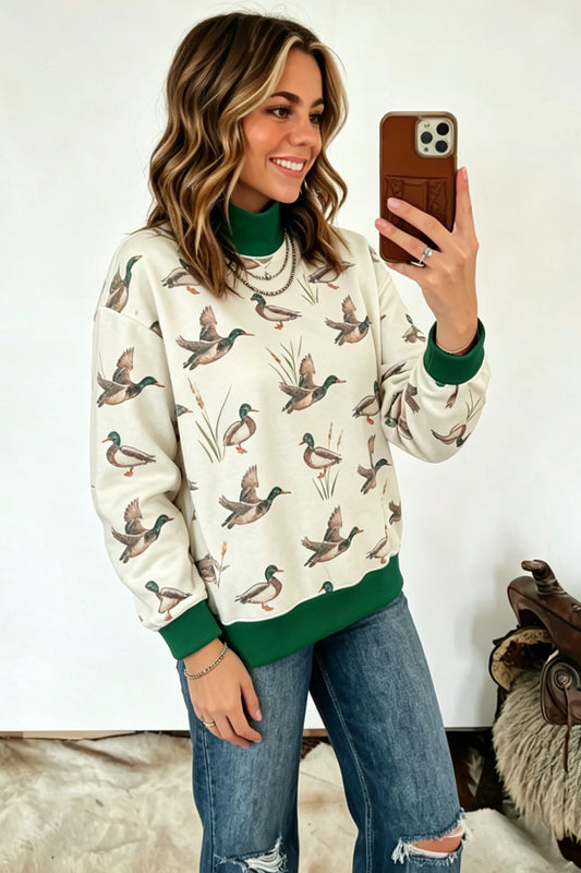 Multicolour Mallard Print Patchwork Colorblock High Neck Sweatshirt b7fe17e30a190f88