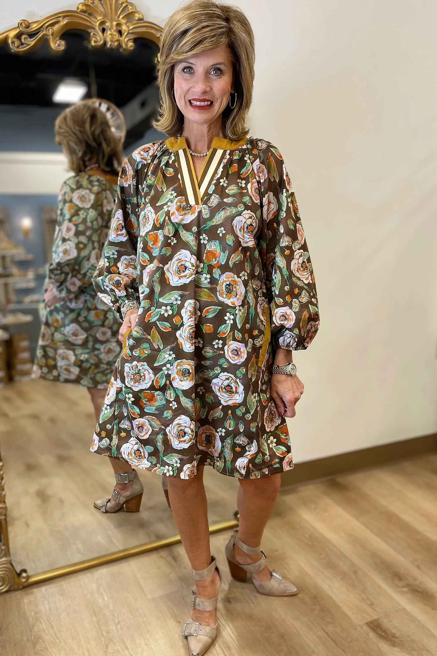 Brown Floral Print Contrast Trim V Neck Pocketed Long Sleeve Mini Dress b808f3140aaf3470