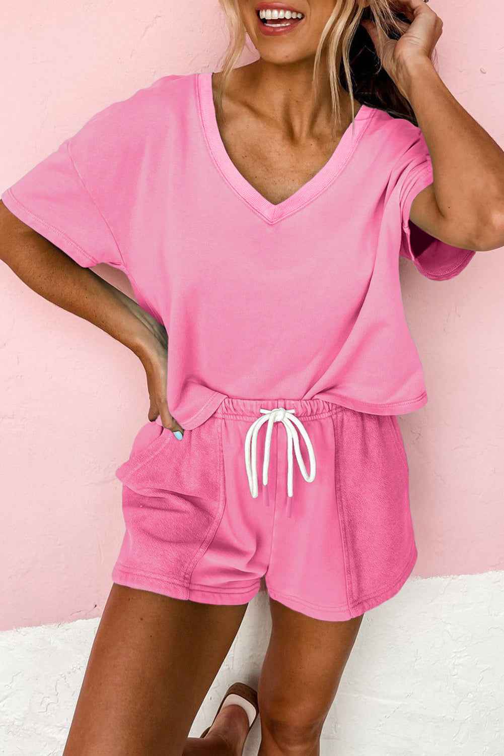 Mint Green V Neck Drop Shoulder Tee and Patchwork Shorts Set b80af519b726059d