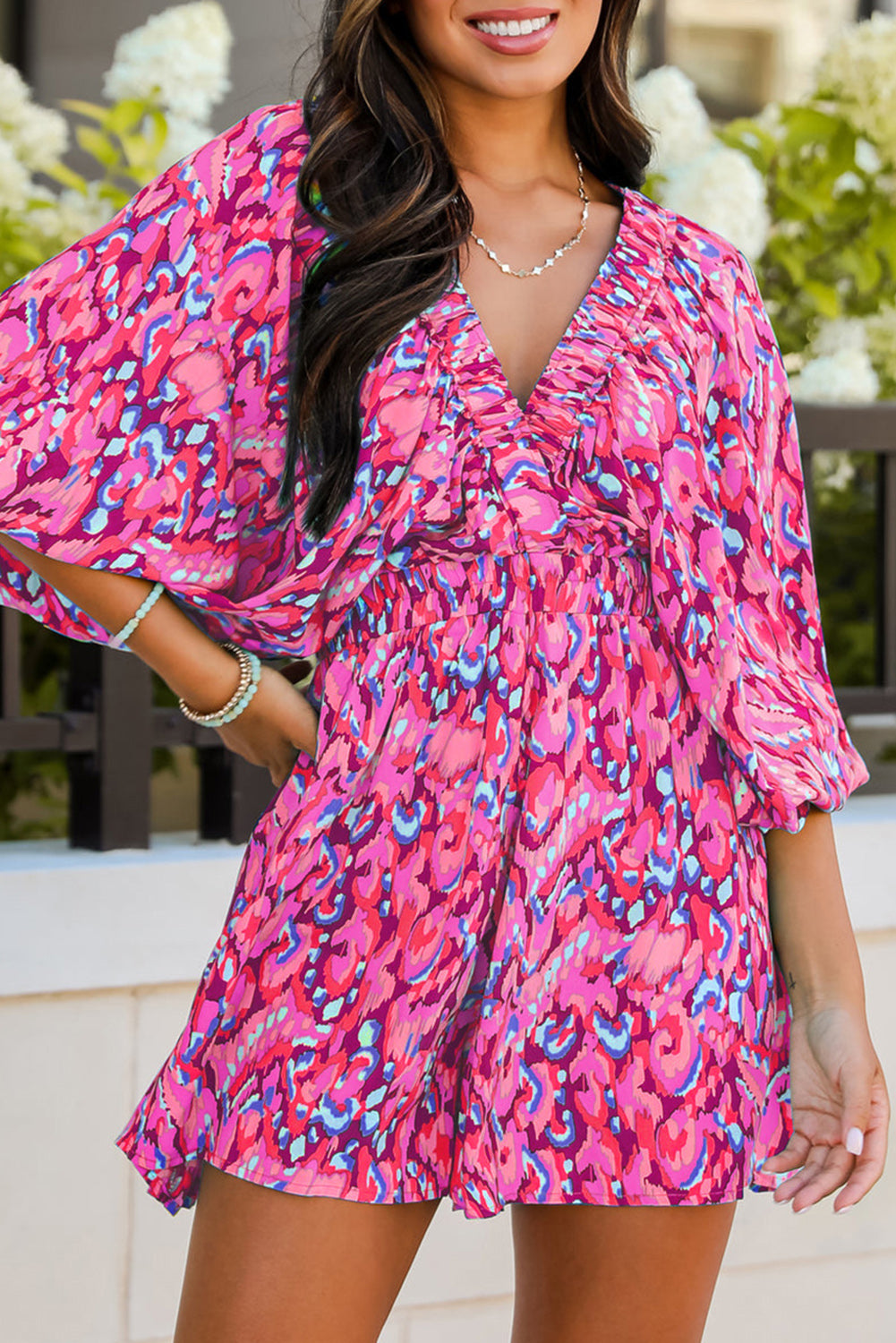 Pink Abstract Print Dolman Sleeve V Neck High Waist Romper b80b4f5d07b4926a