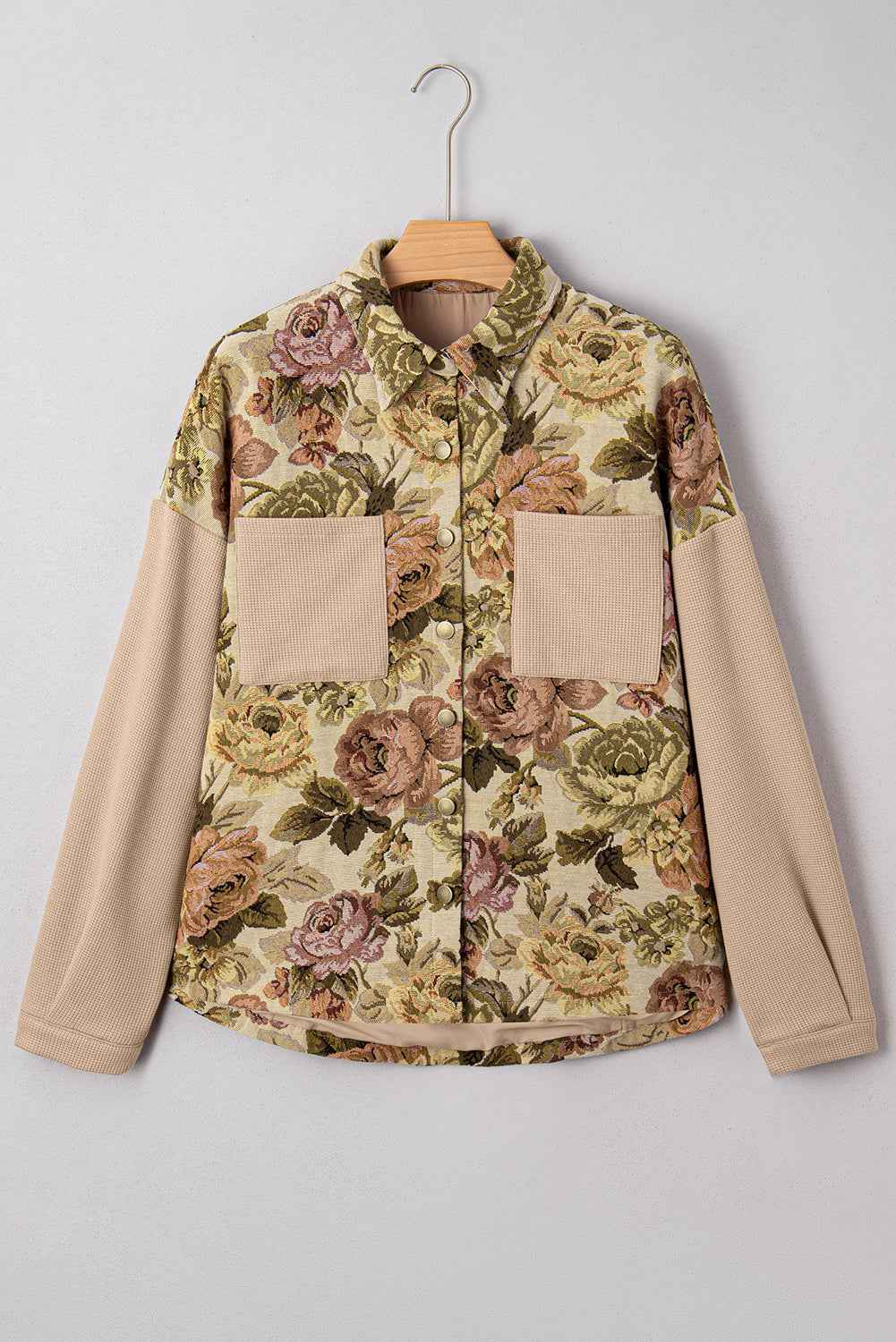 Khaki Floral Waffle Knit Patchwork Chest Pockets Buttoned Jacket b80b7ba7a1891868