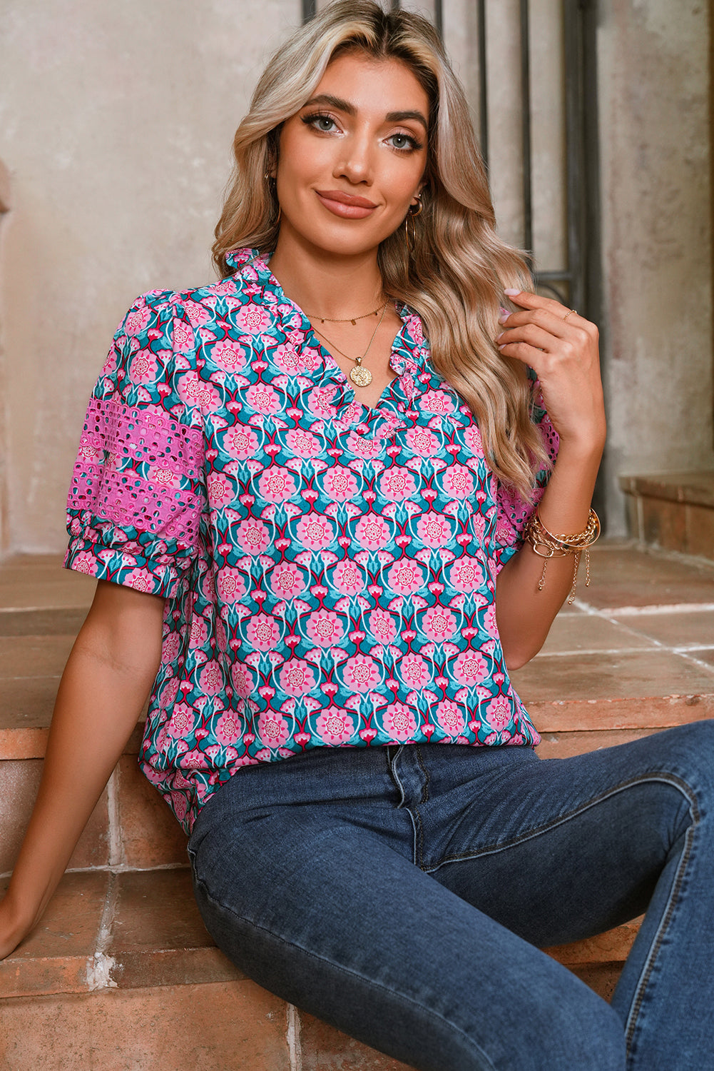 Sachet Pink Frill V-Neck Abstract Print Puff Sleeve Top b80c8edaac6166d0