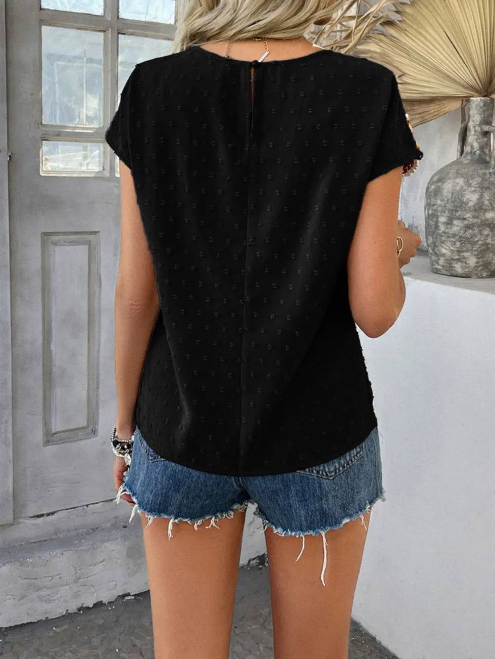 Devine Swiss Dot Round Neck Crochet Short Sleeve Top b80d95c9-95ce-437a-af96-2e834bf8bf88-Max