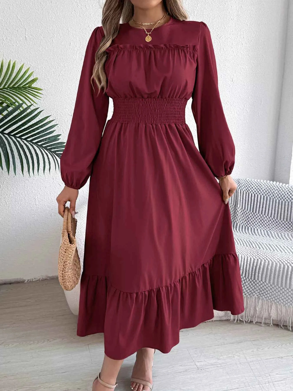 Round Neck Balloon Sleeve Tiered Dress b80e9a994f694600b3ffd315d9ba109c-Max-Origin