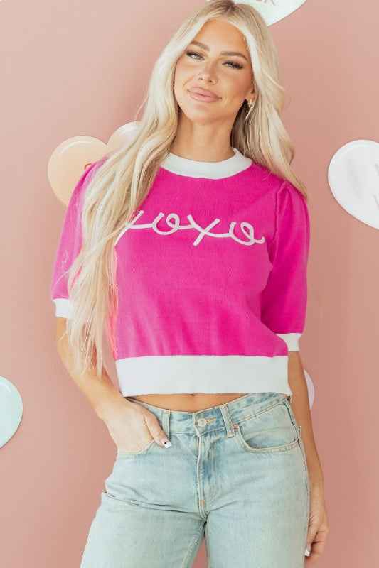 Valentine XOXO Embroidered Puff Sleeve Sweater Tee b80ffca9-a001-4c2c-bcab-6a37e3dd4f2b