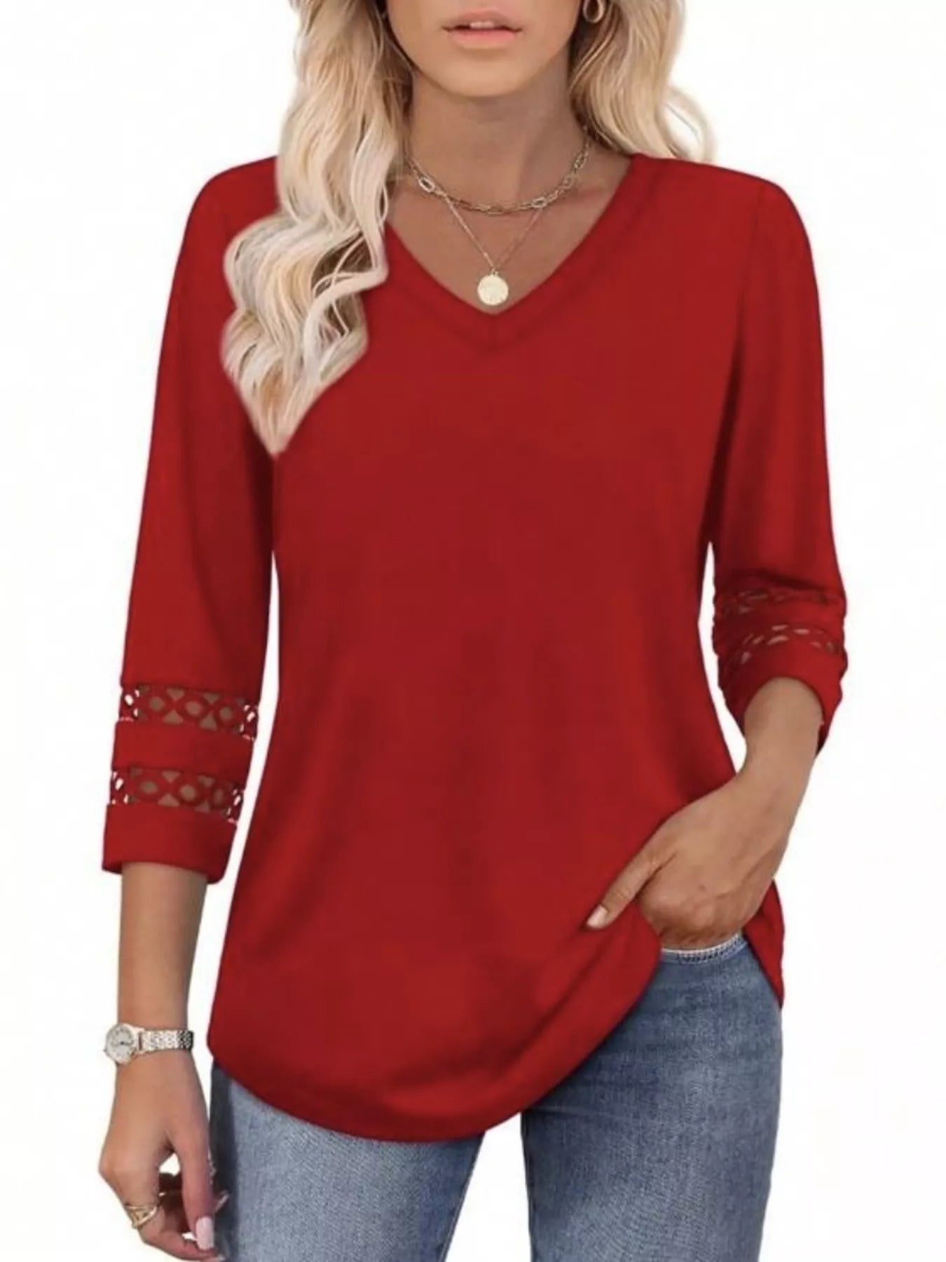 Full Size V-Neck 3/4 Sleeve T-Shirt Plus Size b81123127ed54ed182e93e80b21a26ca-Max-Origin