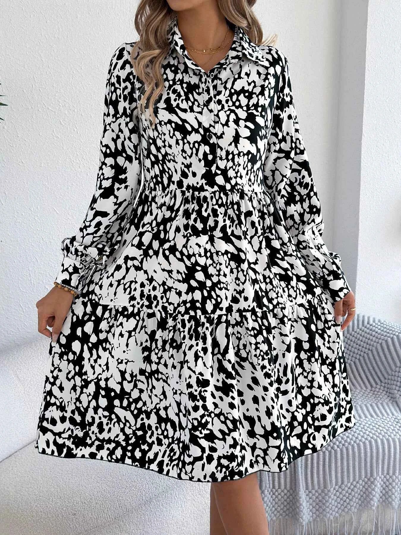 Printed Collared Neck Long Sleeve Dress b81300127b174c8d9f460dba33440e28-Max-Origin