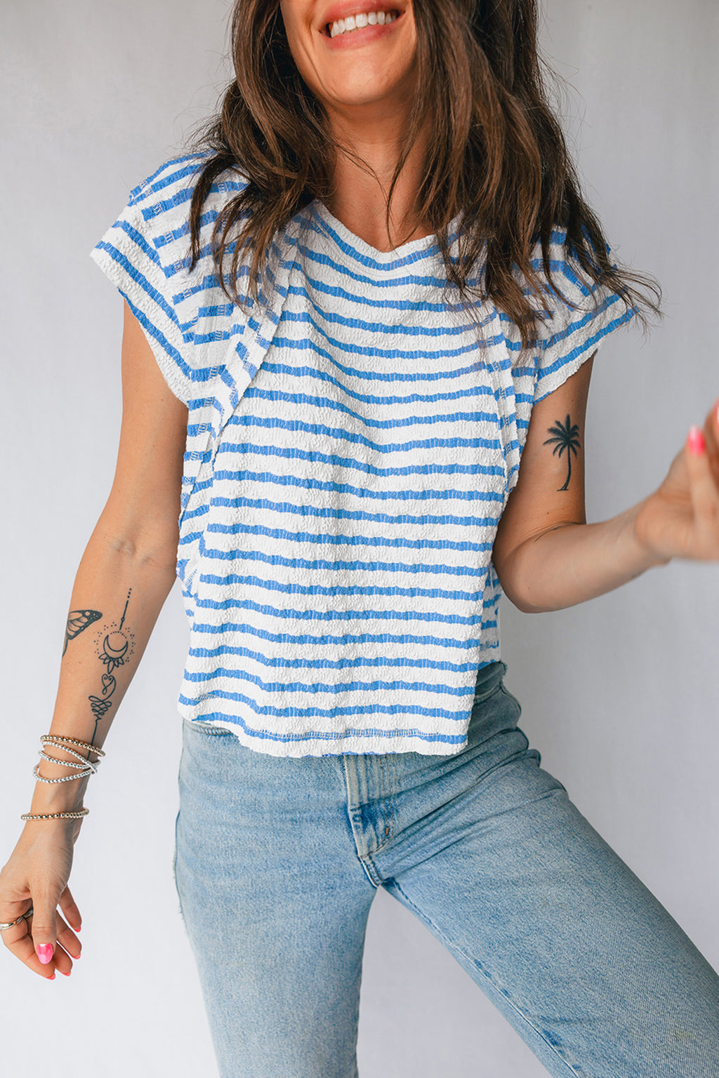 Blue Stripe Textured Short Sleeve Patchwork T Shirt b815040913b0f190