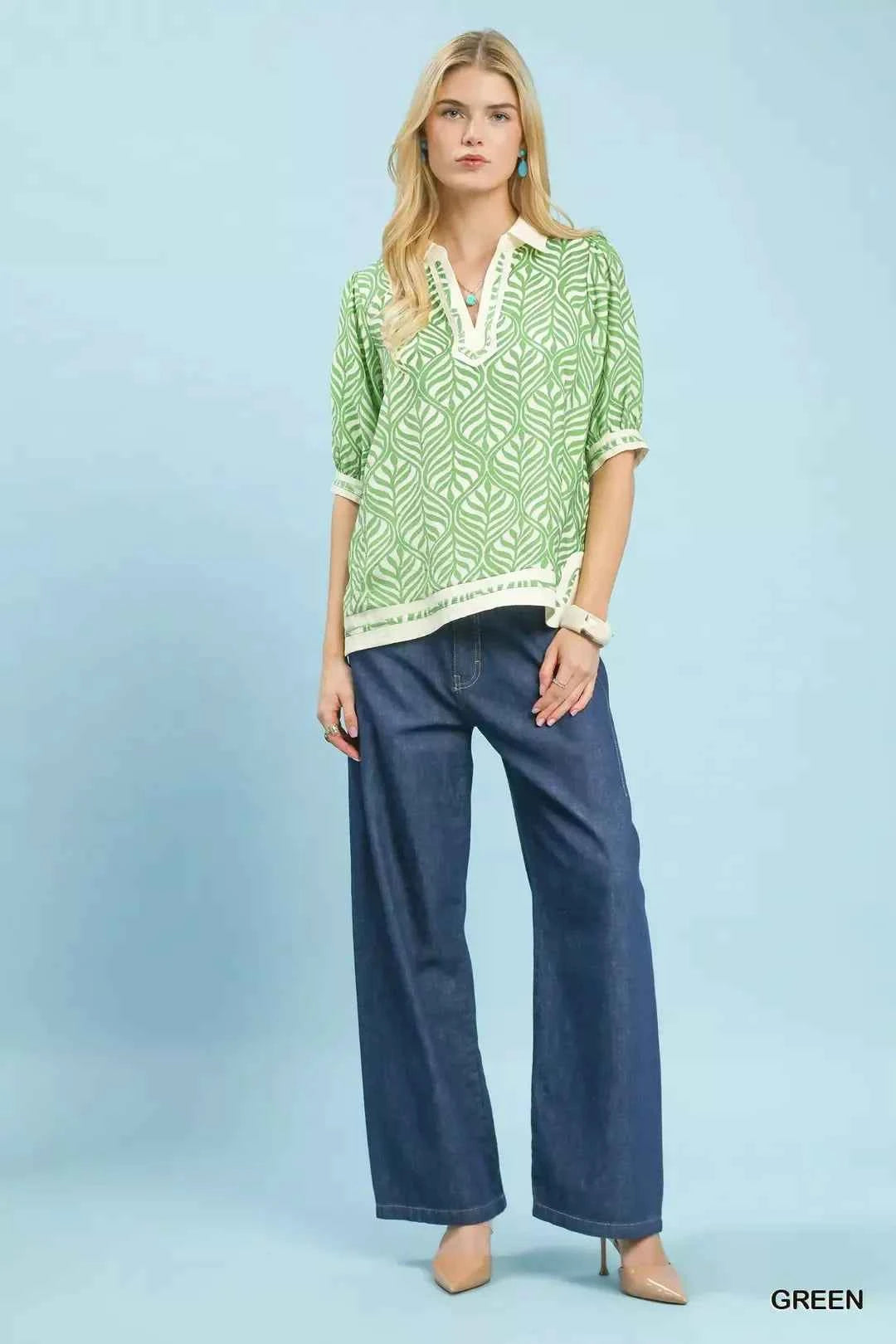Umgee Geometric Leaf Print Popover Top b81dc5b5-6842-43fd-b6c8-03c61941b364-Max-Origin