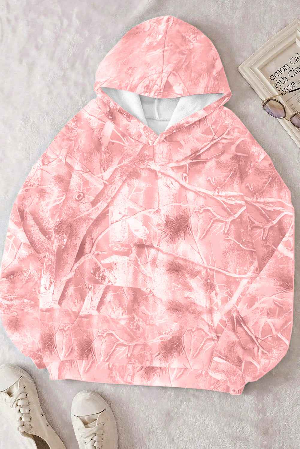 Light Pink Camouflage Plant Print Kangaroo Pocket Oversized Hoodie b823bda86947af43