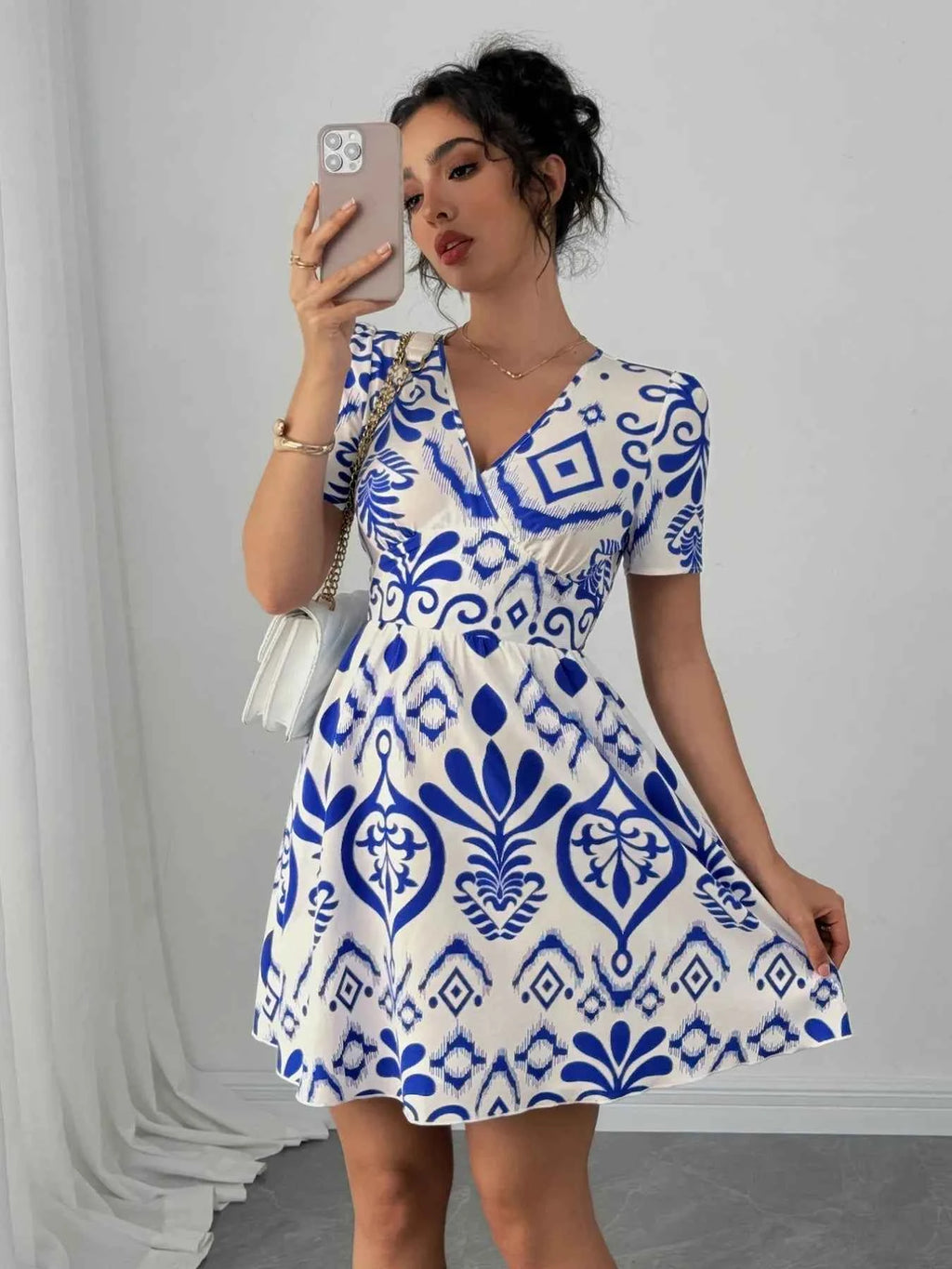 Printed Surplice Short Sleeve Dress b8255bb1-b312-413f-9de9-c9b6d380ba41-Max-Origin