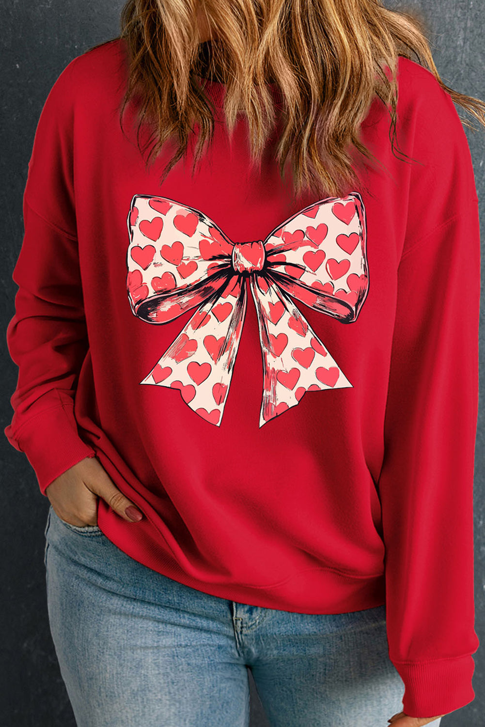 Racing Red Plus Size Valentines Hearts Bowknot Pattern Sweatshirt Racing Red 50%Polyester+50%Cotton b826206ec45ec978