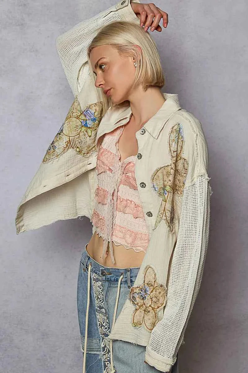 POL Button Down Exposed Seam Flower Print Patch Shirt with Crochet Long Sleeve b82805df-c232-441d-b5b9-6b8c2f2ab661-Max-Origin