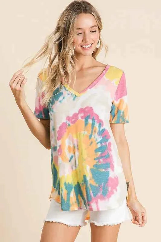 BiBi Circular Tie Dye Print V Neck Top YELLOW ORANGE b828213ad5094cb6ac83a20b141e4868-Max-Origin