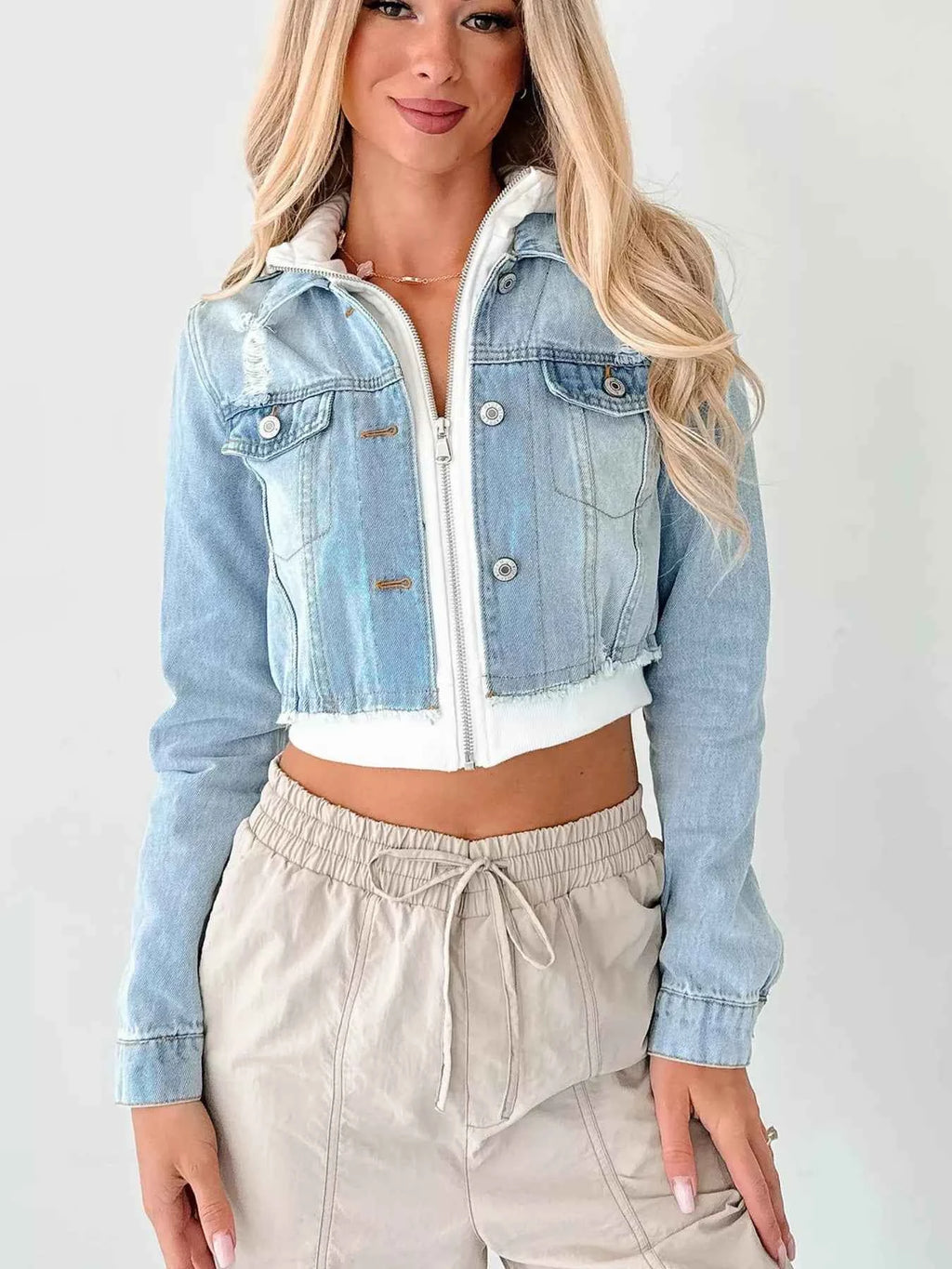 Distressed Zip Up Cropped Hooded Denim Jacket b829936940ed4cd0b976a0538f588ccc-Max-Origin