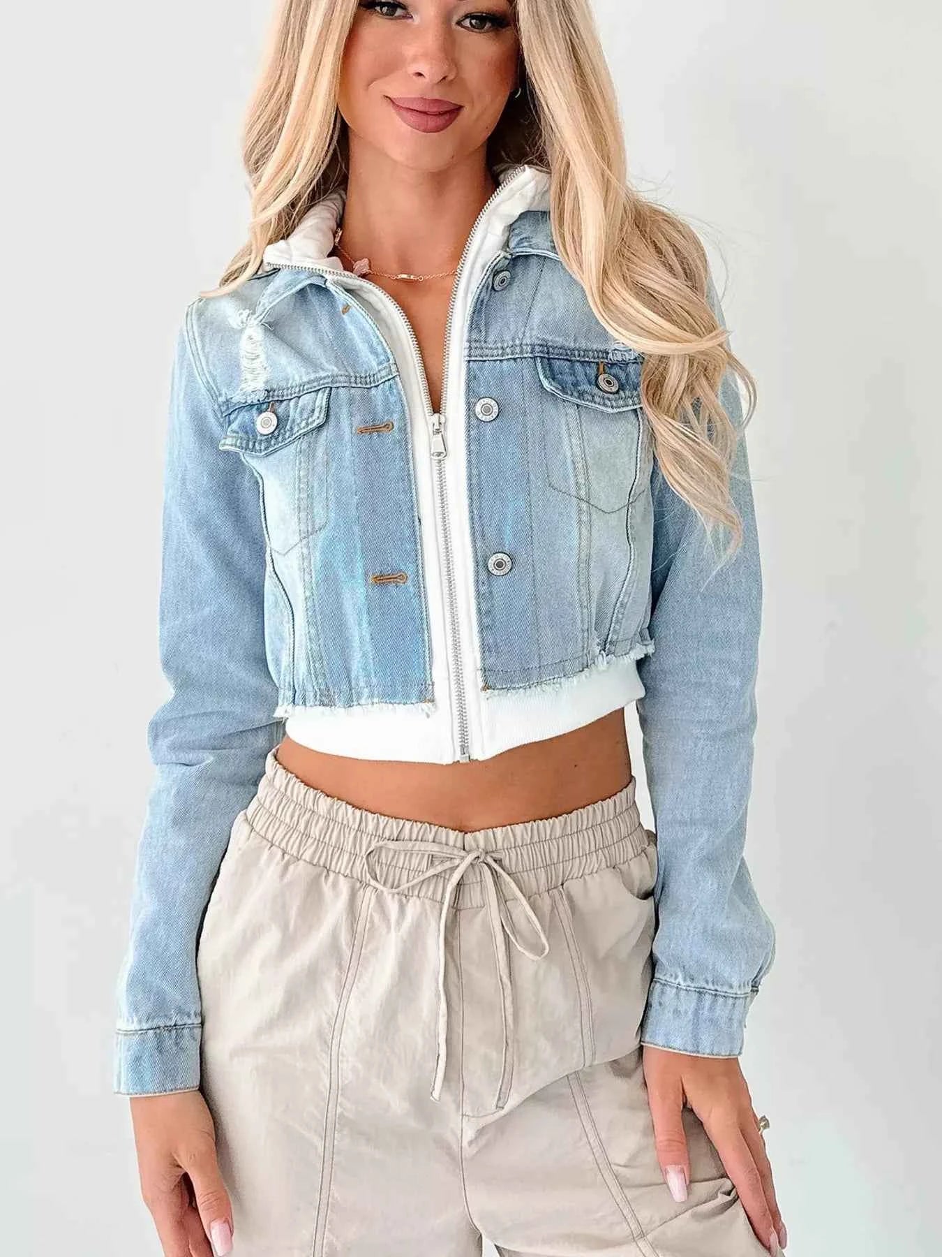 Distressed Zip Up Cropped Hooded Denim Jacket b829936940ed4cd0b976a0538f588ccc-Max-Origin