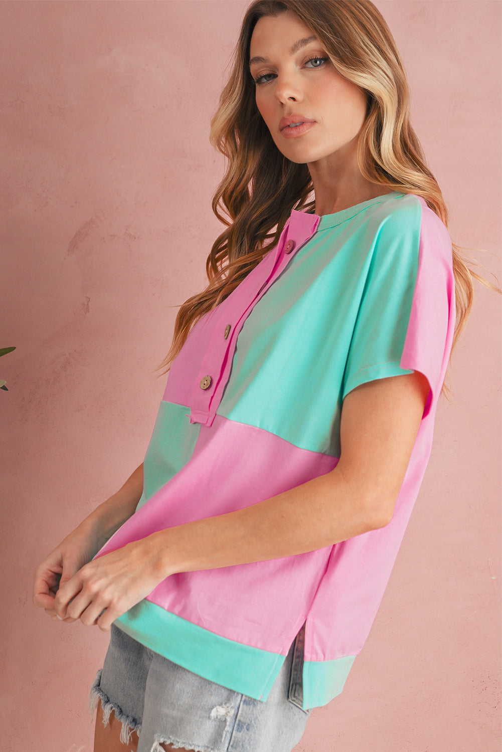 Mint Green Colorblock Half Buttons Henley T Shirt b82e4e72a1f5efa4