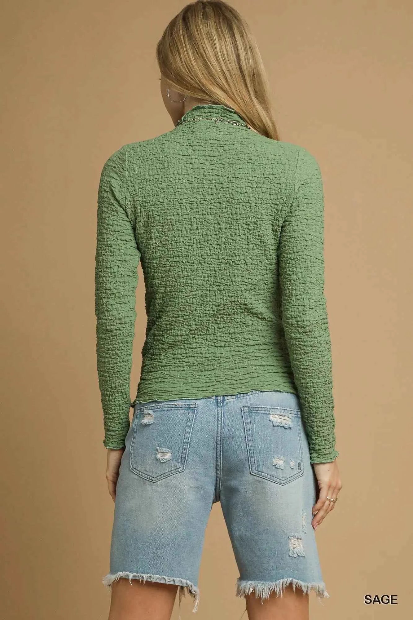 Umgee Textured Crinkle Knit Long Sleeve Top