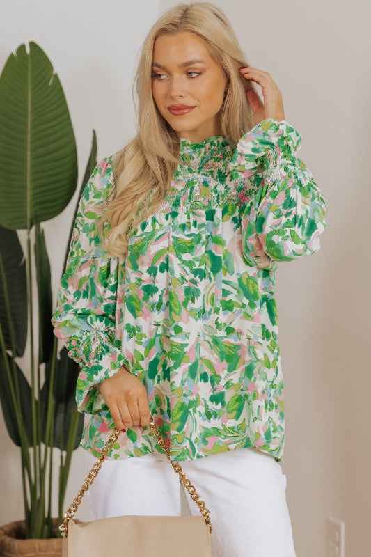 Milena Sleeve Shirred Mock Blouse Green b830aba5-6c5d-4668-941d-19eef66bd781