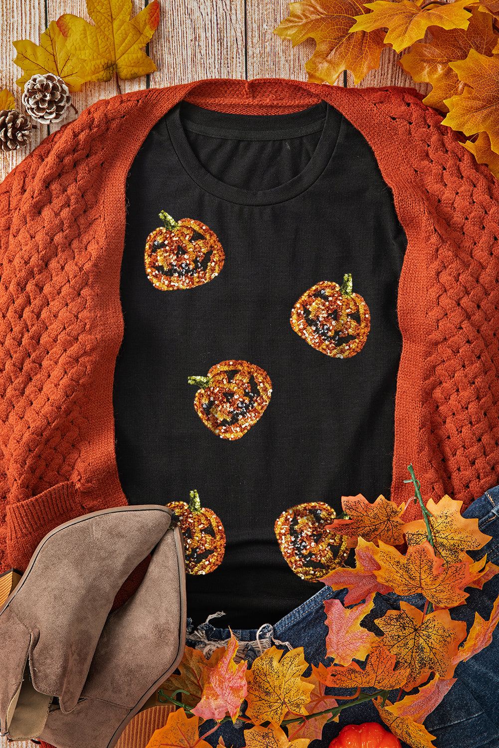 Black Halloween Sequin Pumpkin Face Graphic T Shirt b836339242fa6e33