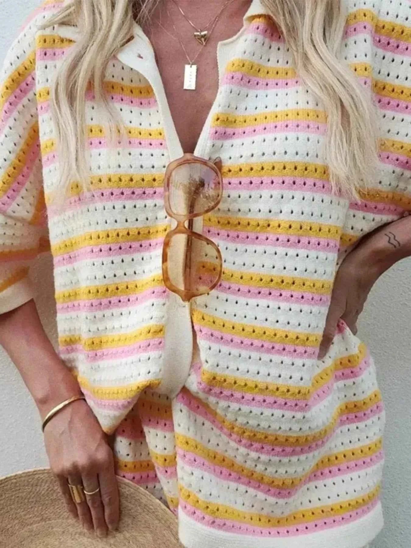 Striped Eyelet Button Up Shirt and Shorts Set b83bab62df394a7caa69841c7da89b6f-Max-Origin