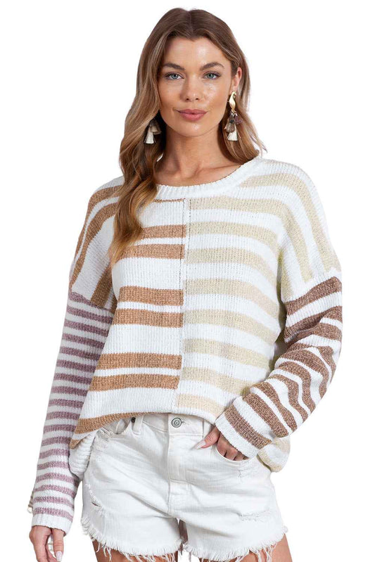 Color Block Drop Shoulder Pullover Striped Sweater Stripe 100%Polyester b8408def5a572c78