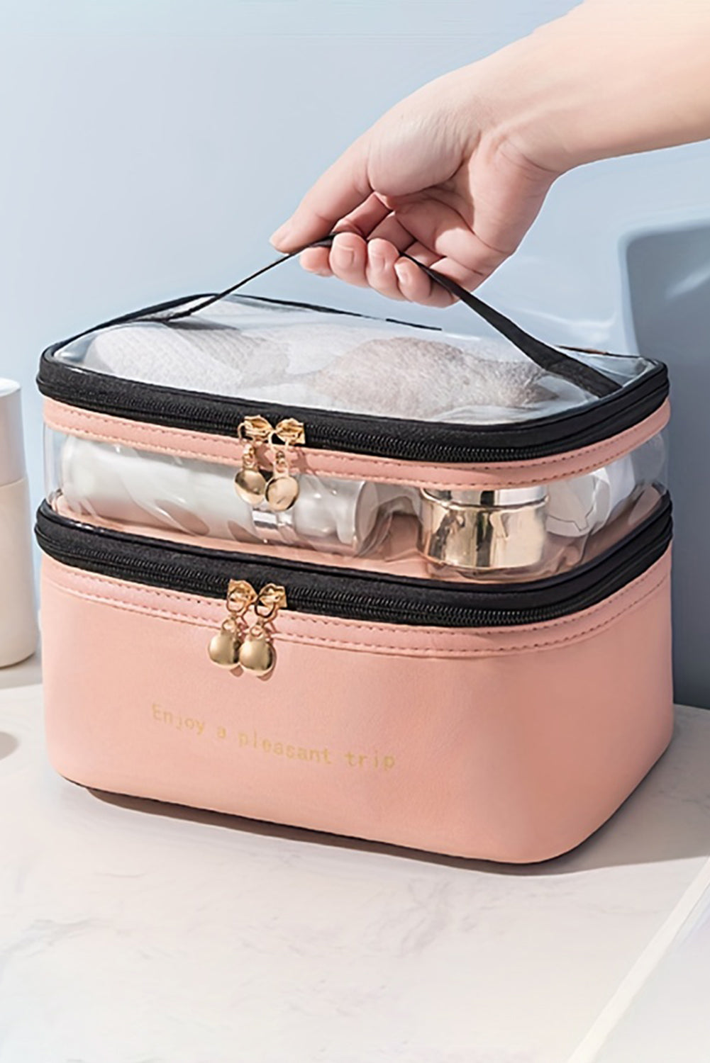 Pink Waterproof PVC Double Layer Cosmetic Bag Pink ONE SIZE PU+PVC b8416402fe636964