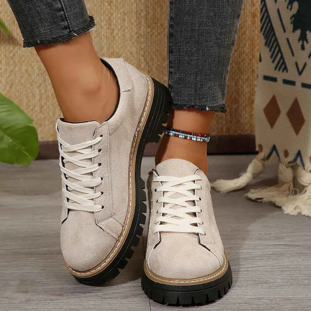 Lace Up Round Toe Platform Sneakers Beige b842aa3e19c74ce9a6f97455890aac3b-Max-Origin