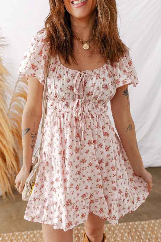 Floral Front Tie Shirred Waist Ruffle Mini Dress Pink b8432c6c-407c-4381-8712-355cc1a6ece7