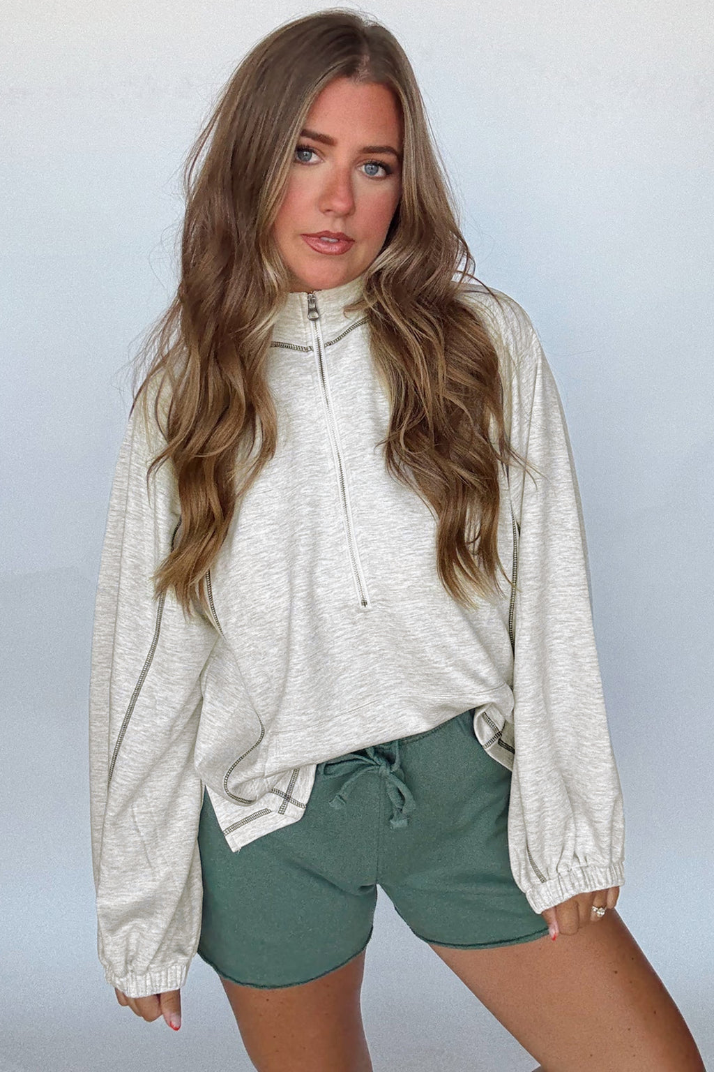 Light Grey Half Zip Stand Neck Seam Detail Long Sleeve Top b849e91cbe62a885