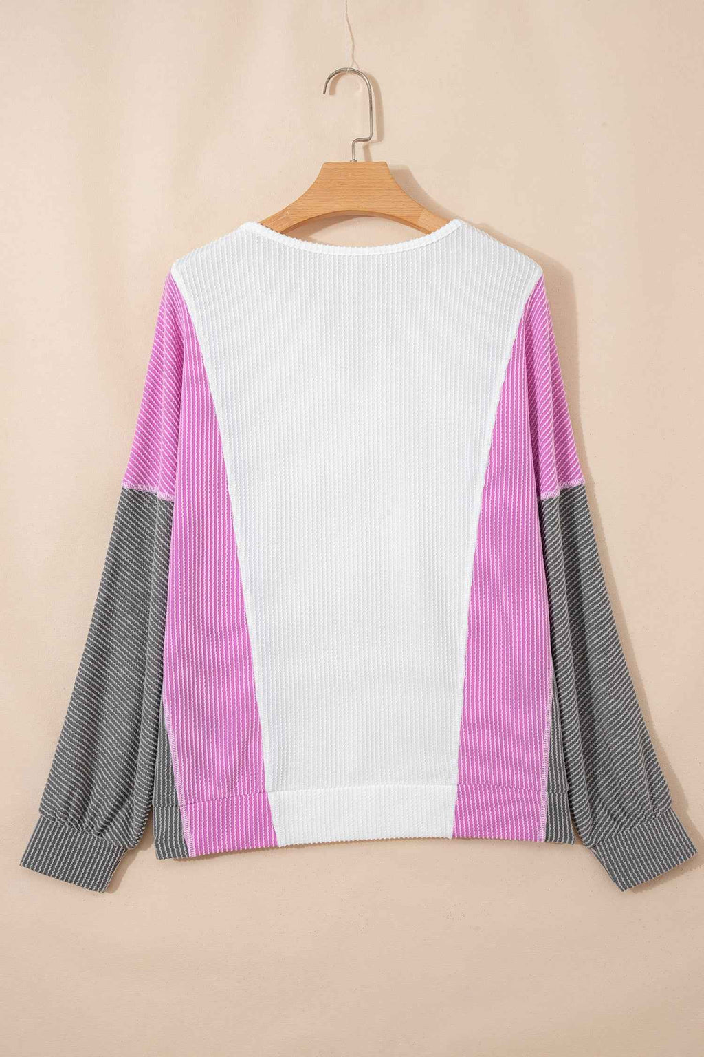 White Spiral Ribbed Raw Seam Color Block Patchwork Long Sleeve Top b84f397e1d758467