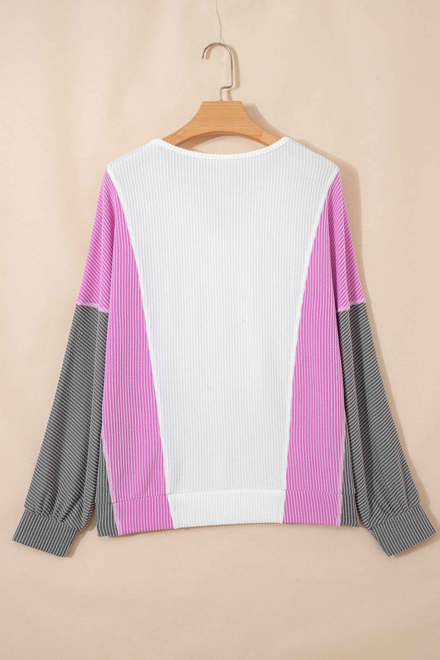 White Spiral Ribbed Raw Seam Color Block Patchwork Long Sleeve Top b84f397e1d758467