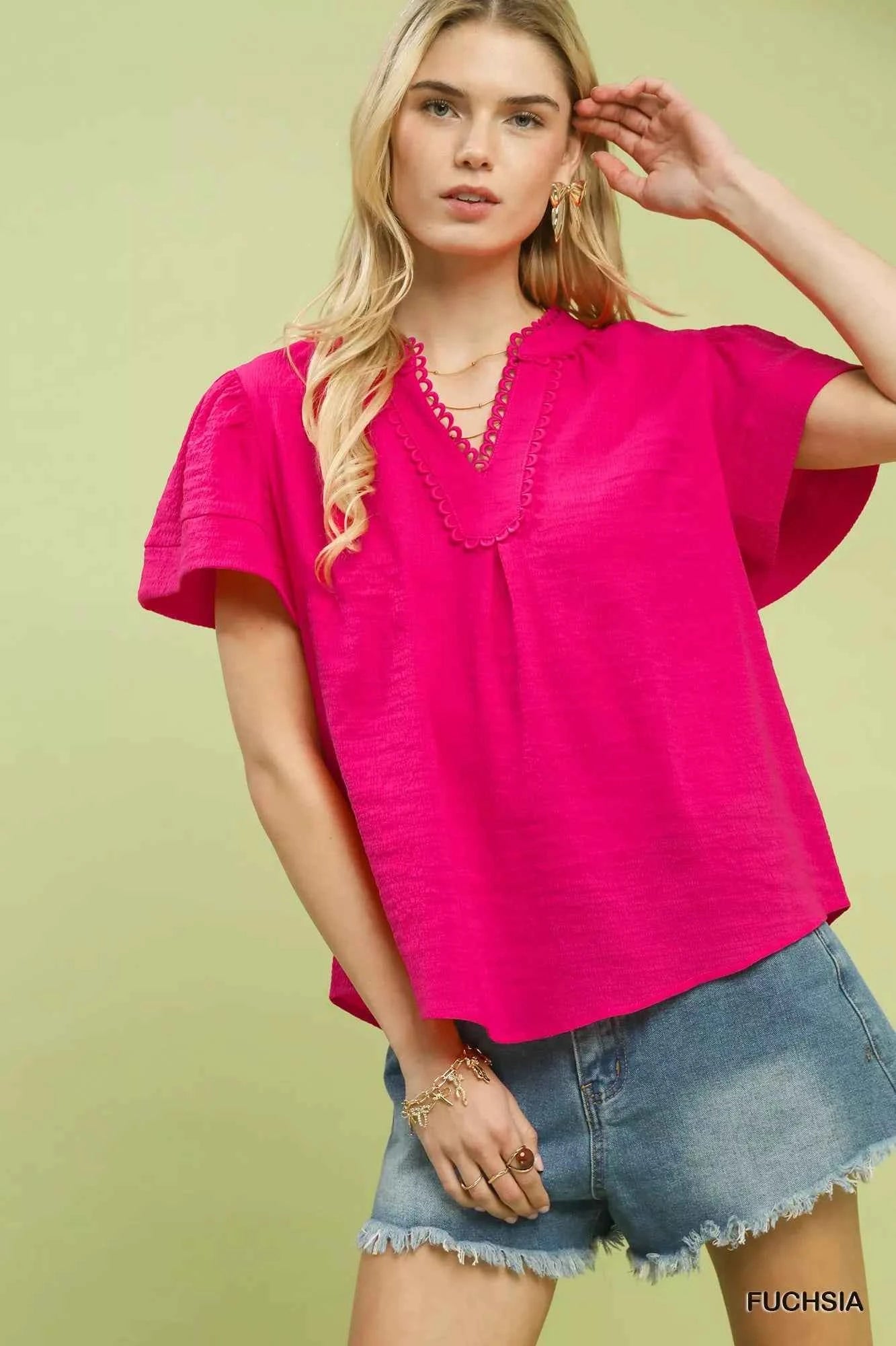 Umgee Seersucker Short Sleeve Top with Lace Trim FUCHSIA b84fb48f-9f8c-44de-9dac-8a369fc57cc9-Max-Origin