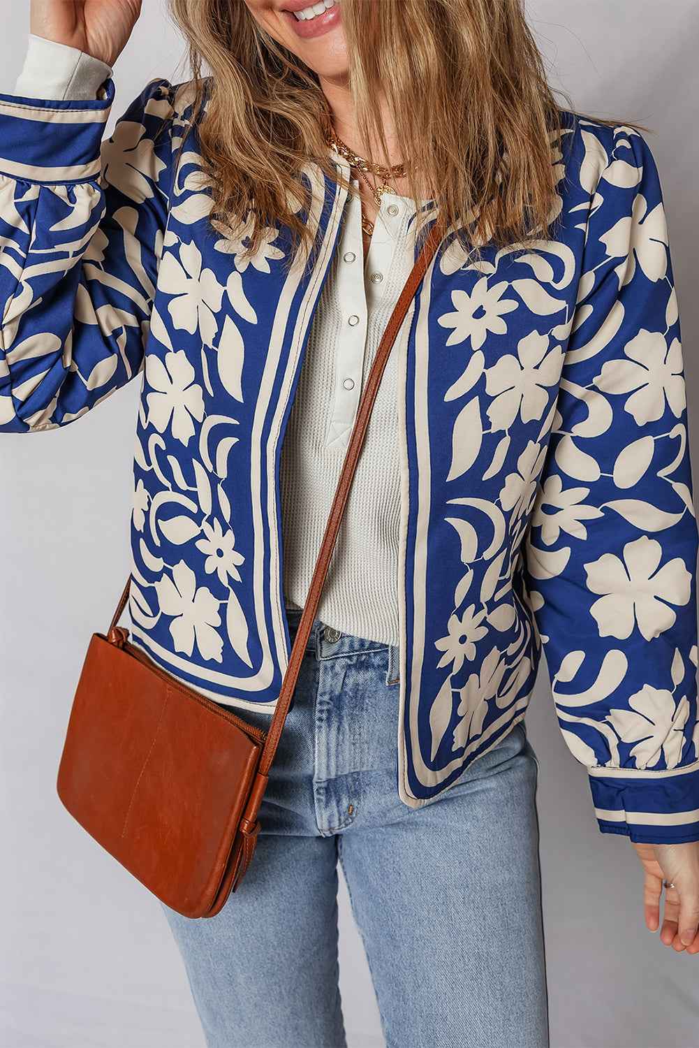 Blue Flower Print Open Front Buttoned Cuffs Jacket b8504a93497e26e3