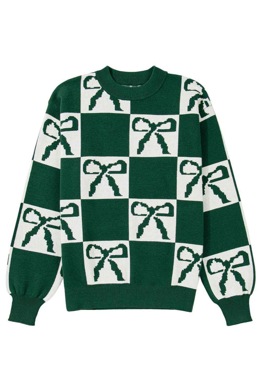 Blackish Green Bow Print Checkered Knit Sweater b859e113a45a5fef