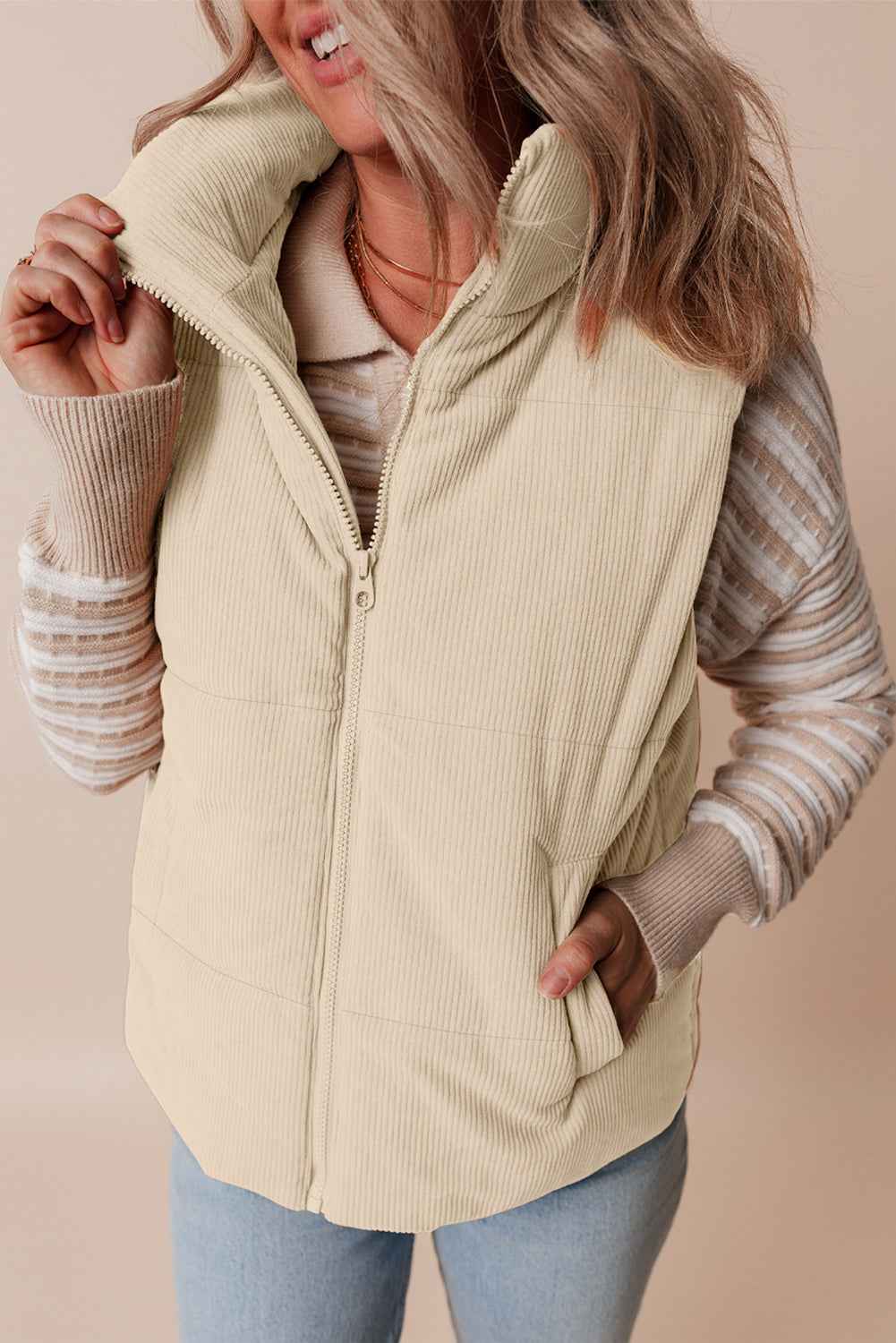 Coffee Solid Color Corduroy Puffer Vest Coat b85cee0e4bc44fd5