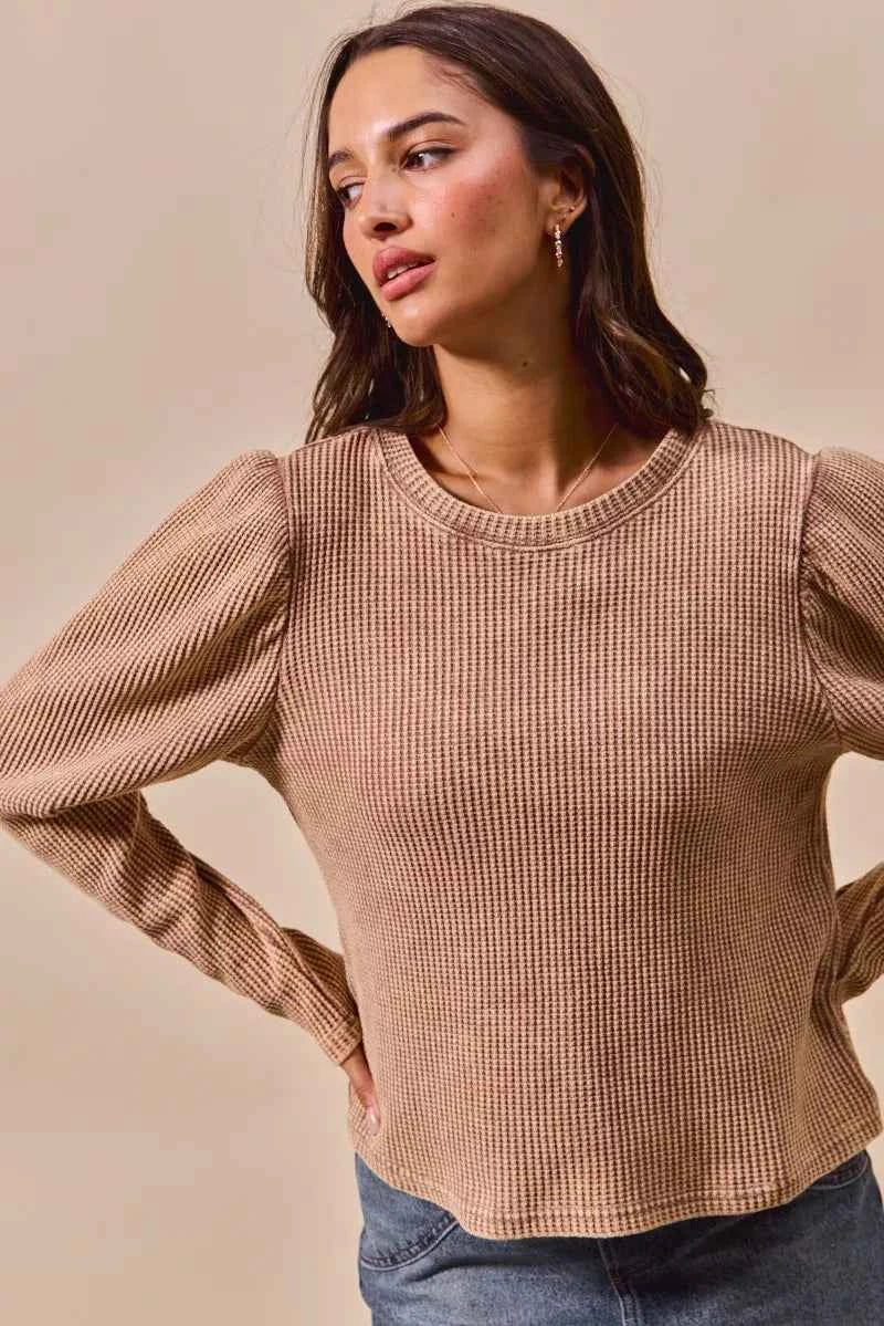 SO ME Mineral Washed Waffle Top With Puff Sleeves b85ff3ce-1a63-4ad5-a581-fefa03ea1113-Max-Origin