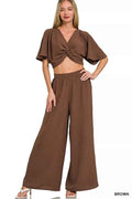Zenana Woven Airflow Twisted Top & Wide Leg Pants Set BROWN b861a7b79b724a73aad0472d7c75f0e2-Max-Origin