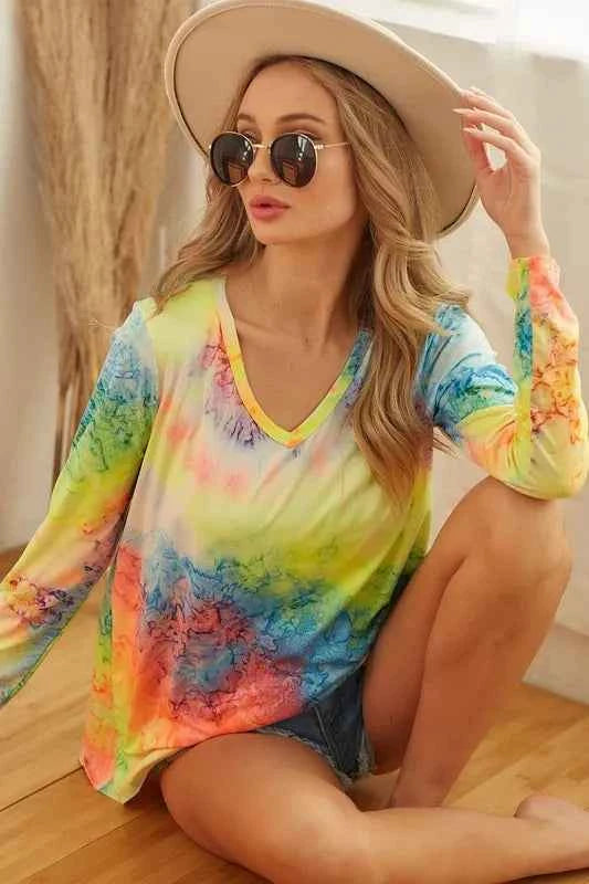 Tie Dye Long Sleeve V-Neck T-Shirt b866672406b14a338b72f33f08d67c35-Max-Origin