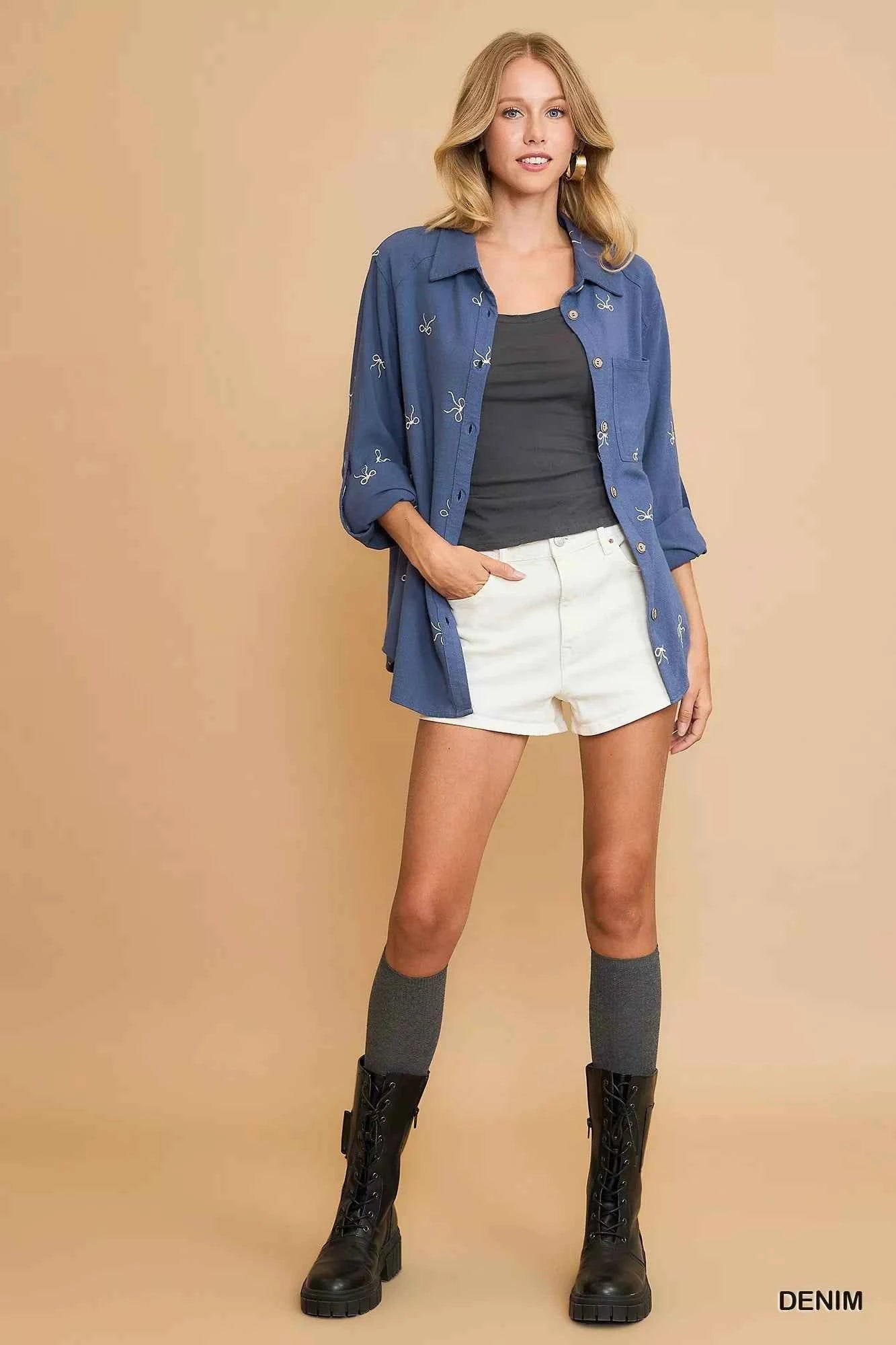 Umgee Linen Blend Fitted Shirt with Ribbon Embroidery Details