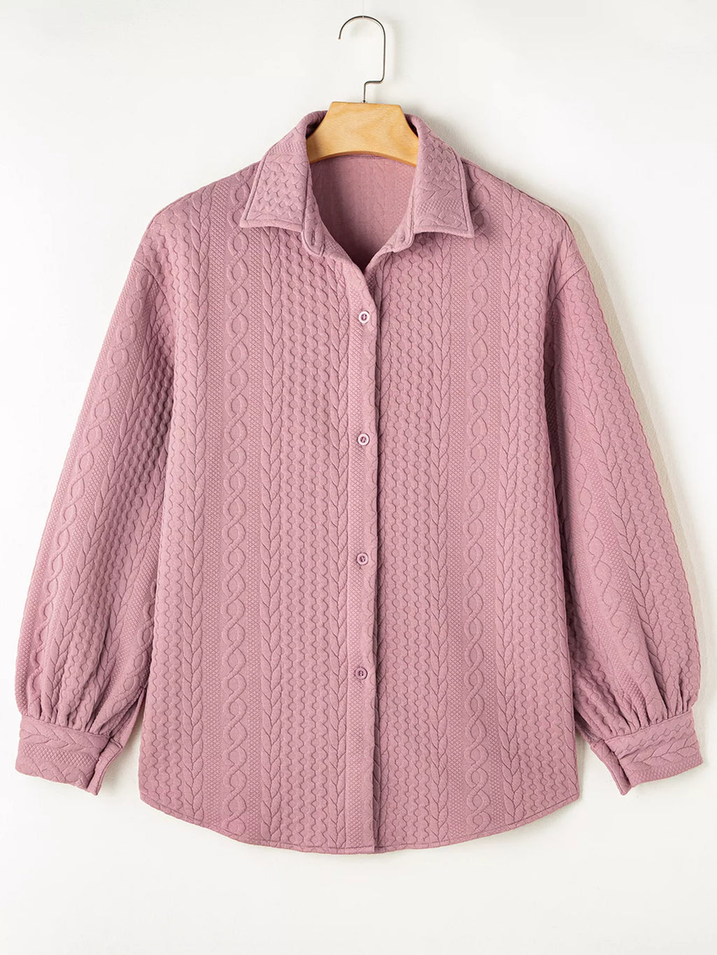 Cable Texture Puff Sleeve Loose Shacket b86ee8f12f7f4e138aaea610b888cee4-Max-Origin