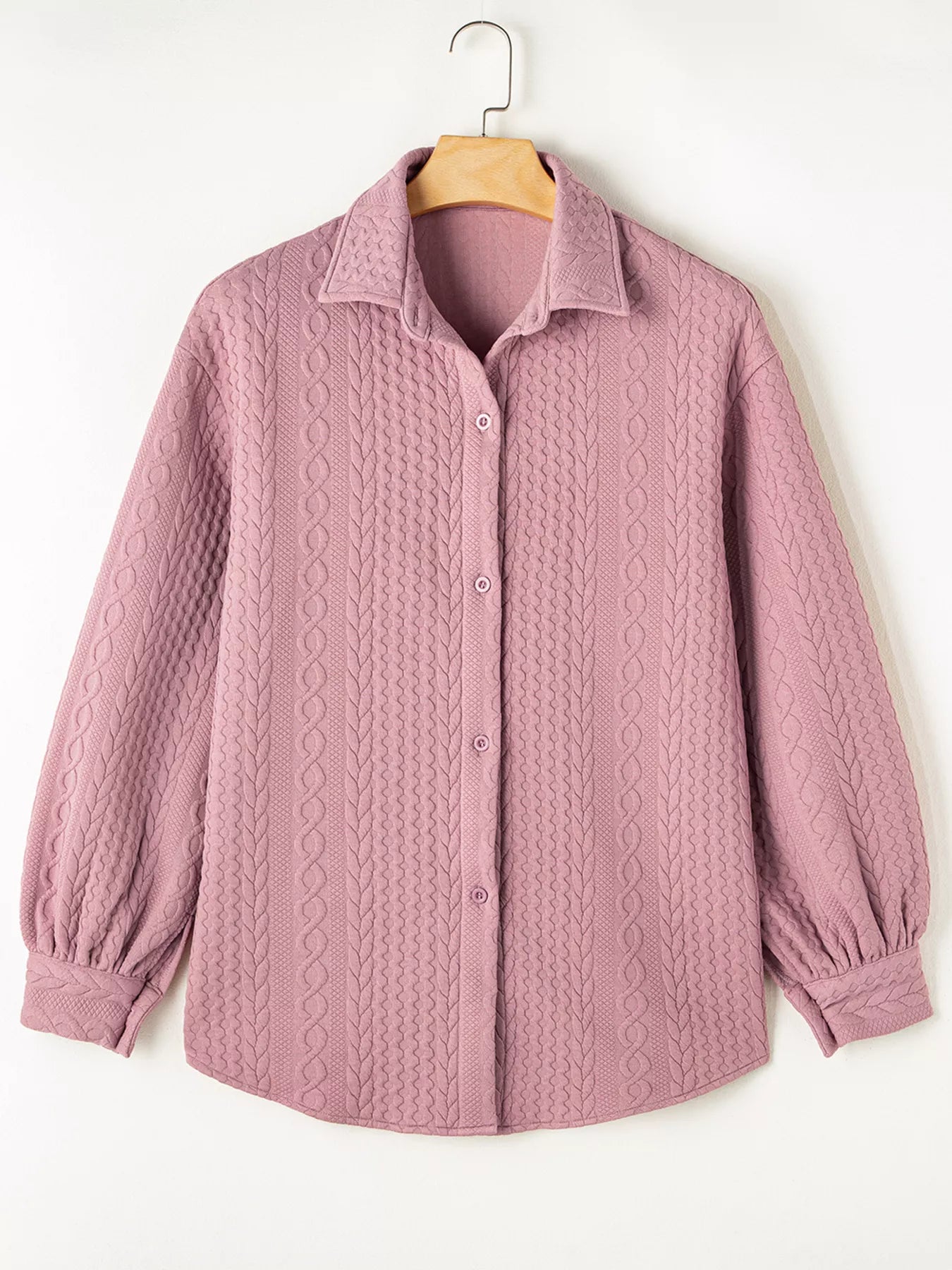 Cable Texture Puff Sleeve Loose Shacket b86ee8f12f7f4e138aaea610b888cee4-Max-Origin