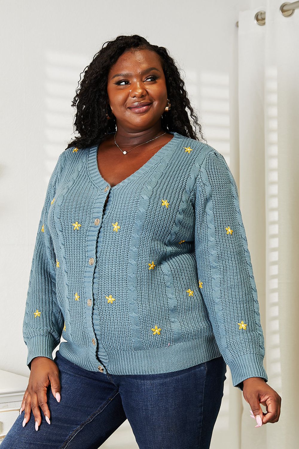 HEYSON Full Size Floral Embroidered Cable Cardigan b87214c402be4601b61c37fba5404566-Max